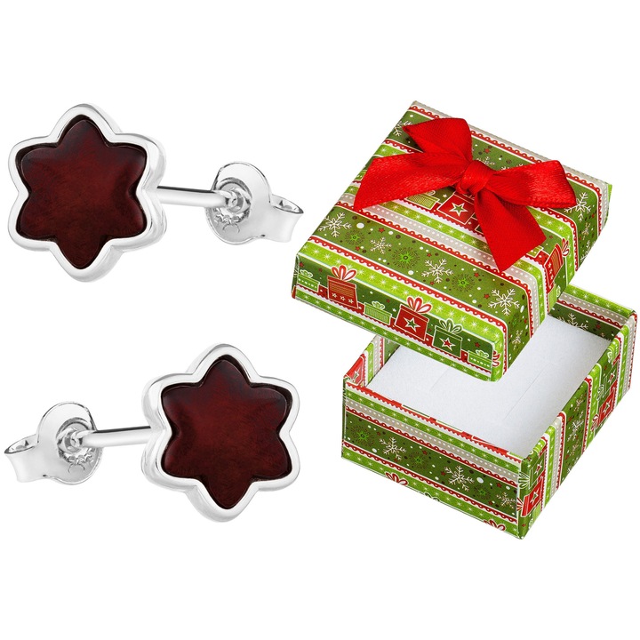 Cercei din argint cu flori si chihlimbar visiniu, Siju, 8x9mm, set cu cutie cadou