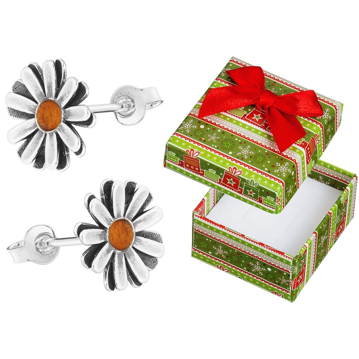 Cercei argintii cu flori de margareta si chihlimbar, Siju, hipoalergenici, 12x12mm, set cu cutie cadou