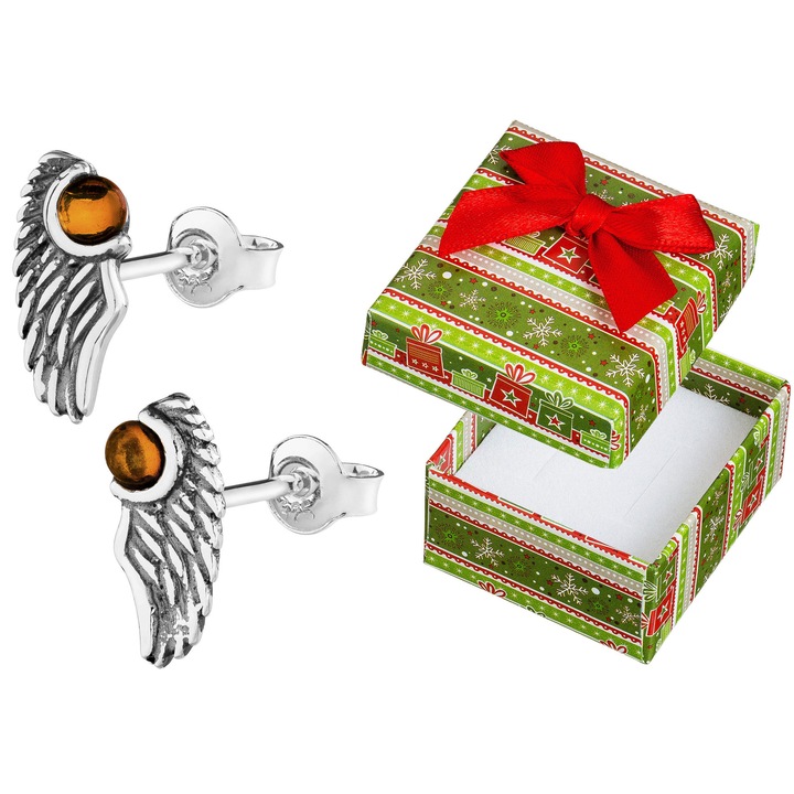Cercei argintii forma de aripi, Siju, cu piatra de chihlimbar, 12x6mm, set cu cutie de cadou