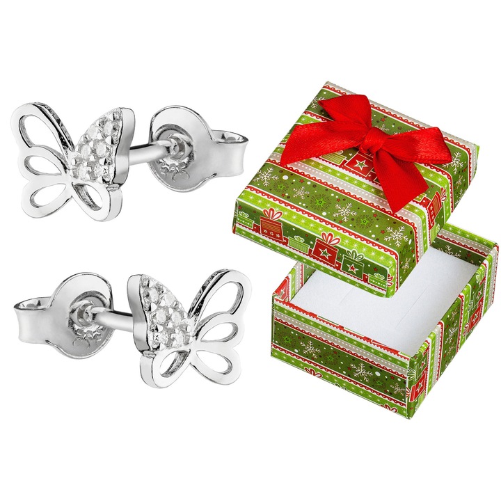 Cercei argintii model fluturi, Siju, 7x8mm, set cu cutie de cadou