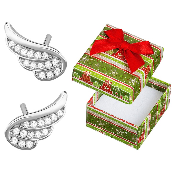 Cercei argintii cu forma de aripi, Siju, cu zirconii, argint 925, 14x6mm, set cu cutie cadou