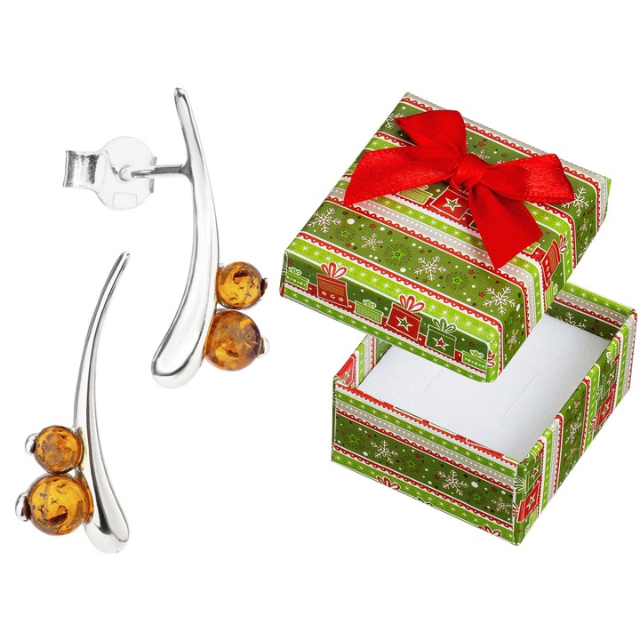 Cercei din argint 925 cu chihlimbar, set cu cutie cadou, Siju, 19x8mm, culoare maro coniac