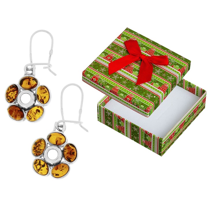 Cercei din argint cu flori si chihlimbar, Siju, set cu cutie cadou, 34x16mm