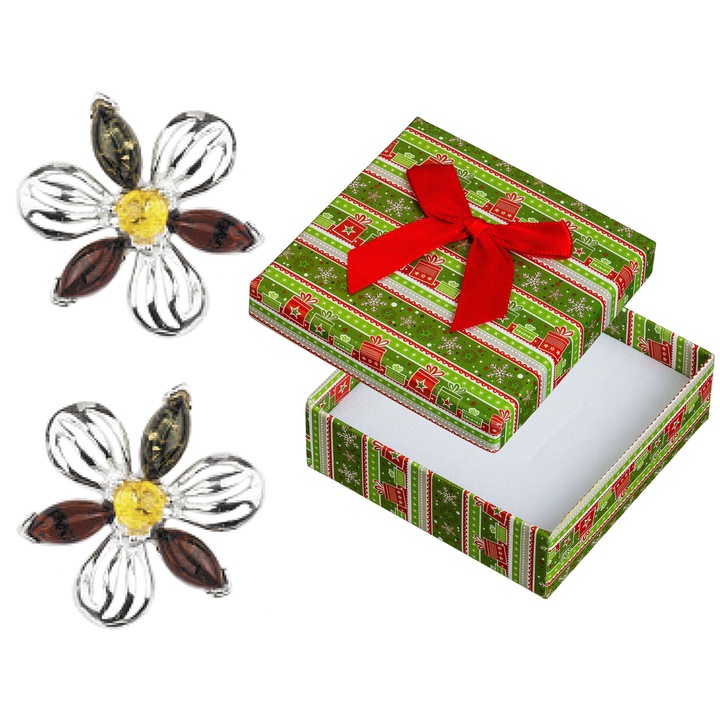 Cercei argintii cu flori si chihlimbar, Siju, 23x20mm, set cu cutie cadou