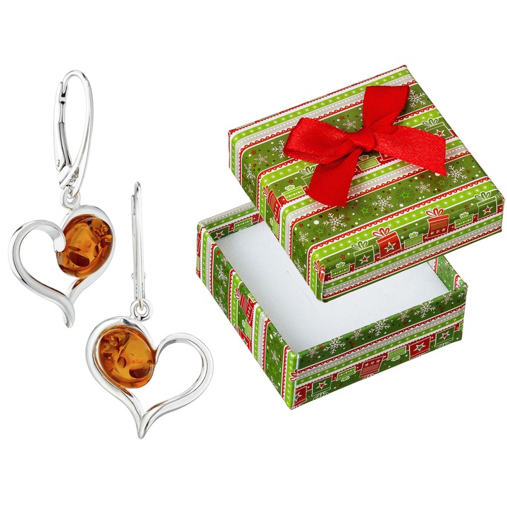 Cercei din argint 925 cu inima si chihlimbar, set cu cutie de cadou, Siju