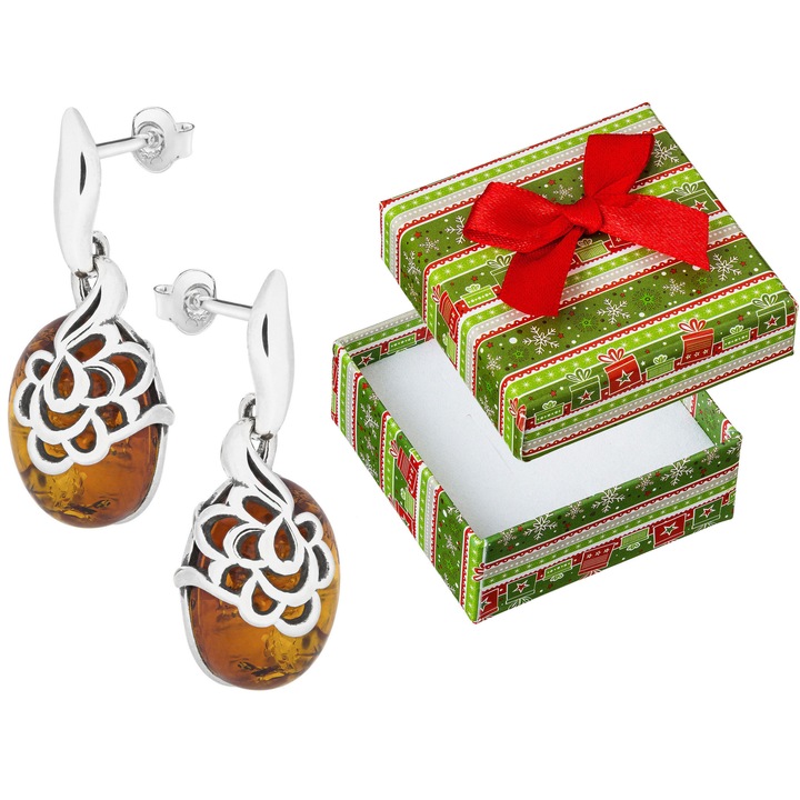 Cercei din argint 925 cu chihlimbar, set cu cutie cadou, culoare bruna (coniac), dimensiuni 16x12mm
