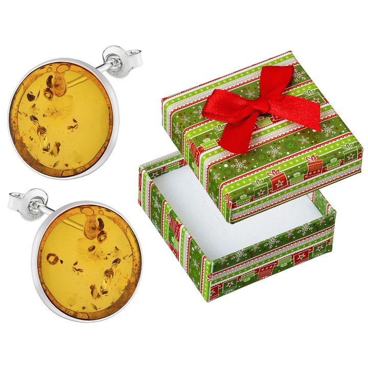 Cercei rotunzi din argint 925 cu chihlimbar baltic, set cu cutie de cadou, 17mm, culoare bruna