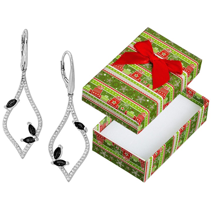 Cercei lungi din argint 925 cu zirconii, rodinati, set cu cutie de cadou, 50x15mm