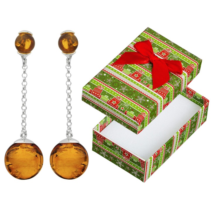 Cercei lungi din argint cu chihlimbar, Siju, set cu cutie cadou, 47x12mm, hipoalergenici