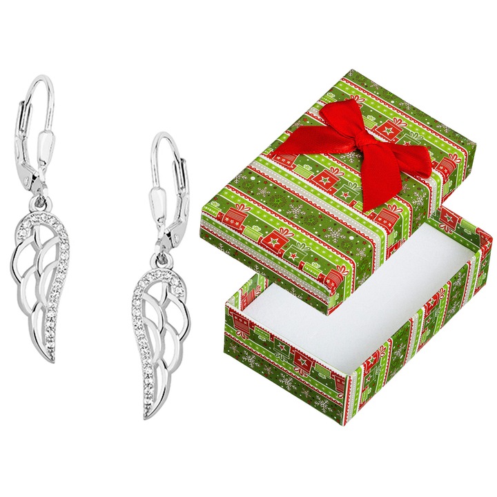 Cercei argintii cu forma de aripi, Siju, cu zirconii, 34x7mm, set cu cutie de cadou