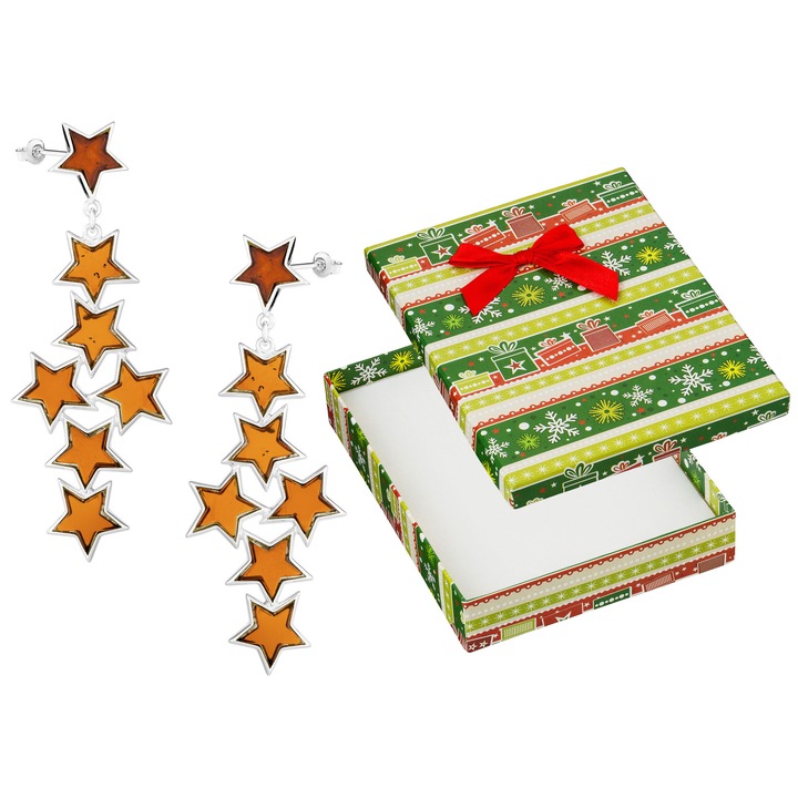 Cercei lungi din argint 925 cu motive de stele, piatra de chihlimbar, set cu cutie de cadou, 78x29mm