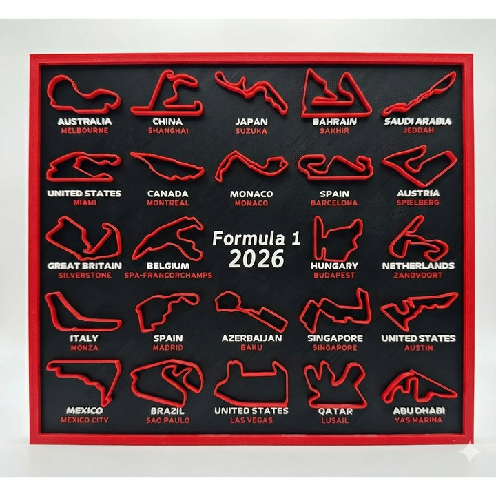 Calendar de birou cu circuite Formula 1 2026, 20x20 cm, plastic