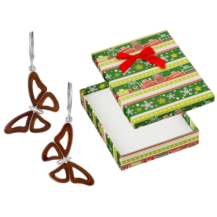 Cercei din argint 925 cu fluturi, chihlimbar, set cu cutie de cadou, Siju, 45x23mm, hipoalergenici
