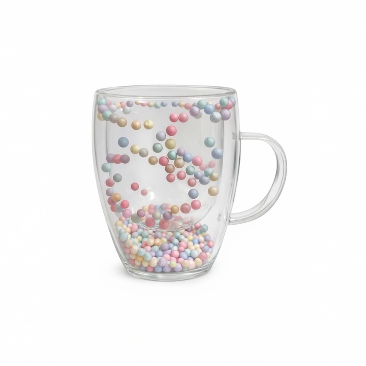 Cana din sticla cu perete dublu, 350 ml, design cu bile colorate, cu maner – LGCHome®