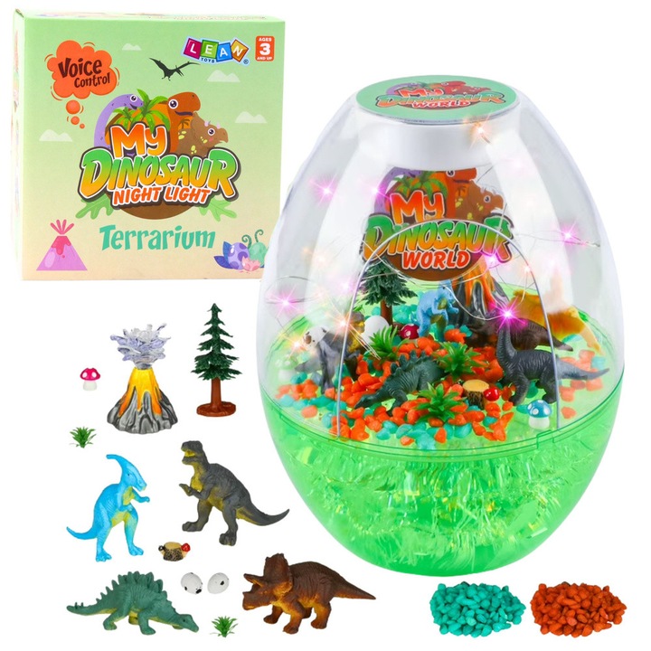 Lampa de veghe copii, LEAN Toys, terrarium cu dinozauri, control vocal, 6 figurine, 18,5x14,5x18,5cm