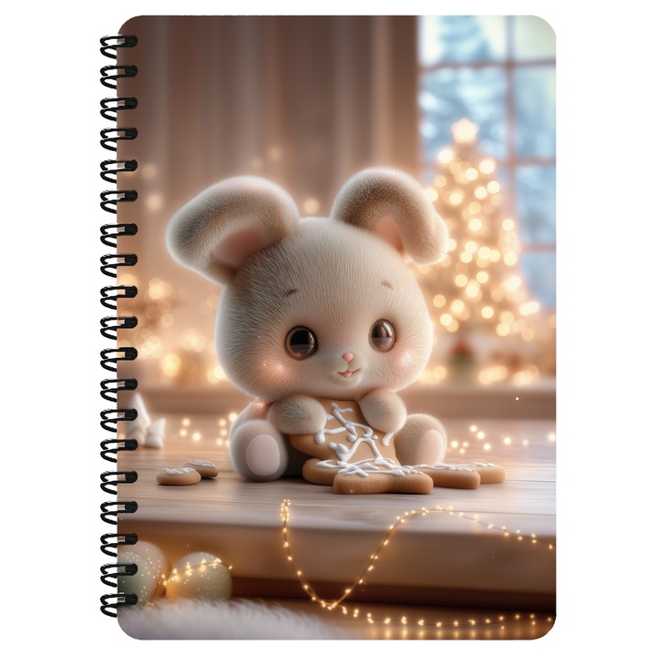 Agenda A5, Iepuras, Turta Dulce, Iarna, Craciun, Coperta Mdf, Spira Metalica, 130 Pagini