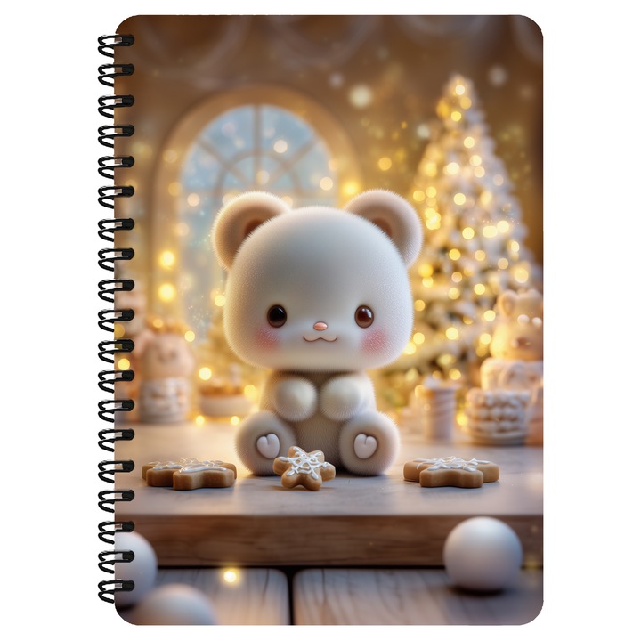 Agenda A5, Ursulet, Turta Dulce, Iarna, Craciun, Coperta Mdf, Spira Metalica, 130 Pagini