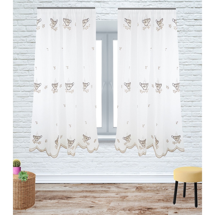 Set 2 Perdele bucătărie 135x165 cm, rejansă, cescuțe cafea, bej