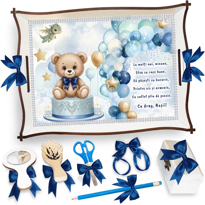 Set Tava pentru Taiere Mot si Rupere Turta Complet cu Accesorii Lorebebe pentru baieti, 7 Piese, Tavita Mot cu Model Ursulet Tort, 32x24 cm, Prima Aniversare Un An, Cadou Un An, Albastru