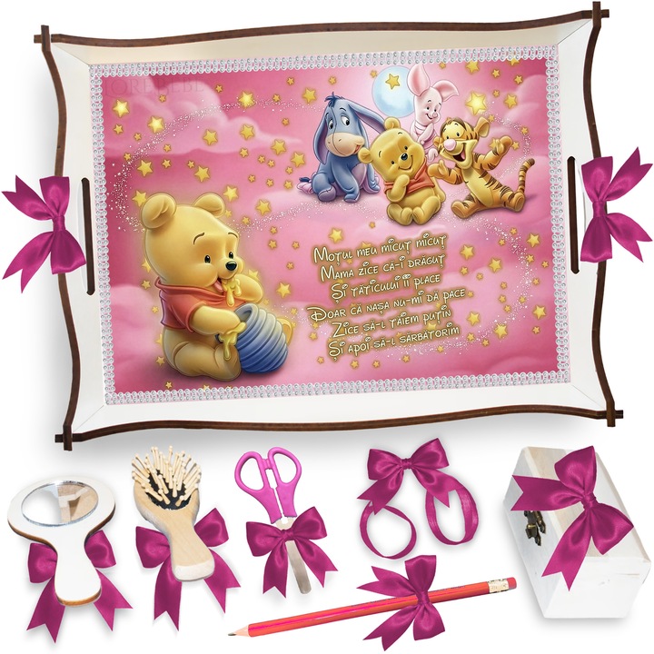 Set Tava pentru Taiere Mot si Rupere Turta Complet cu Accesorii Lorebebe pentru fete, 7 Piese, Tavita Mot cu Model Winnie Roz, 32x24 cm, Prima Aniversare Un An, Cadou Un An, Roz