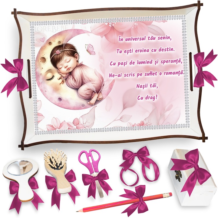 Set Tava pentru Taiere Mot si Rupere Turta Complet cu Accesorii Lorebebe pentru fete, 7 Piese, Tavita Mot cu Model Luna Roz, 32x24 cm, Prima Aniversare Un An, Cadou Un An, Roz