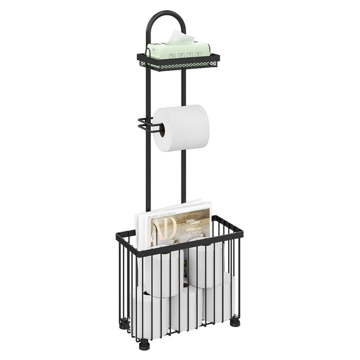 Suport multifunctional pentru hartie igienica cu raft depozitare, organizator baie tip stativ metalic, etajera pentru telefon si spatiu role rezerva