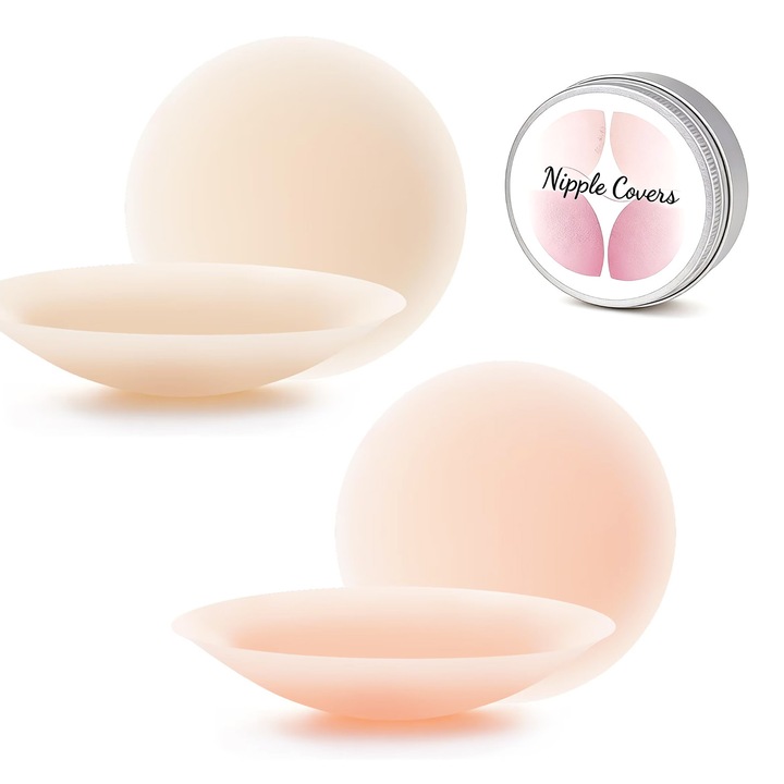Set 4 buc protectii pentru mameloane femei, protectii din silicon pentru mameloane, cu cutie de depozitare, reutilizabile, bej/roz deschis