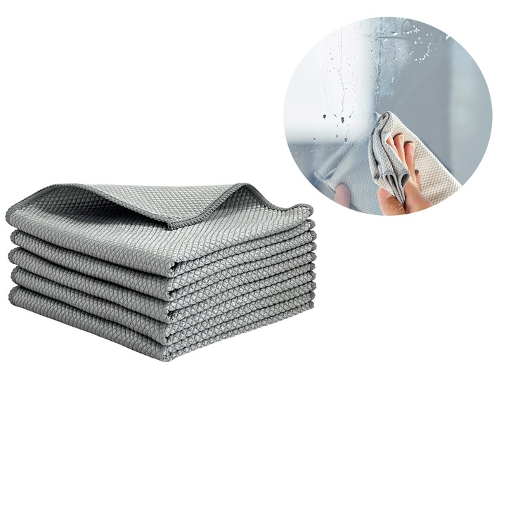 Lavete de curatat pentru bucatarie, set 5 bucati, 30x30 cm, gri, puternic absorbante, fara urme, potrivite pentru stergerea vaselor