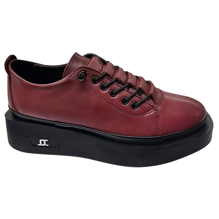 Pantofi Dama Ortopedici Bej din Piele Naturala Netădă, Cu Siret, Talpă Usoară Ortopedică din Poliuretan, Interior Captușit cu Piele, SCV, Inaltime Toc 4.5cm, Visiniu