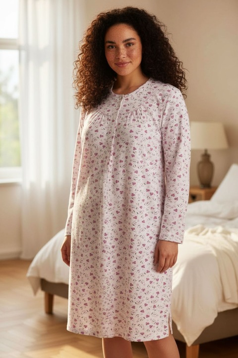 Vastag, bélelt hálóing, gombokkal a nyak tövénél, laza és kényelmes szabású, Piros