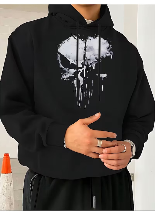 Hanorac Barbati, Punisher, calduros, gluga cu snur reglabil, 100% bumbac, Negru