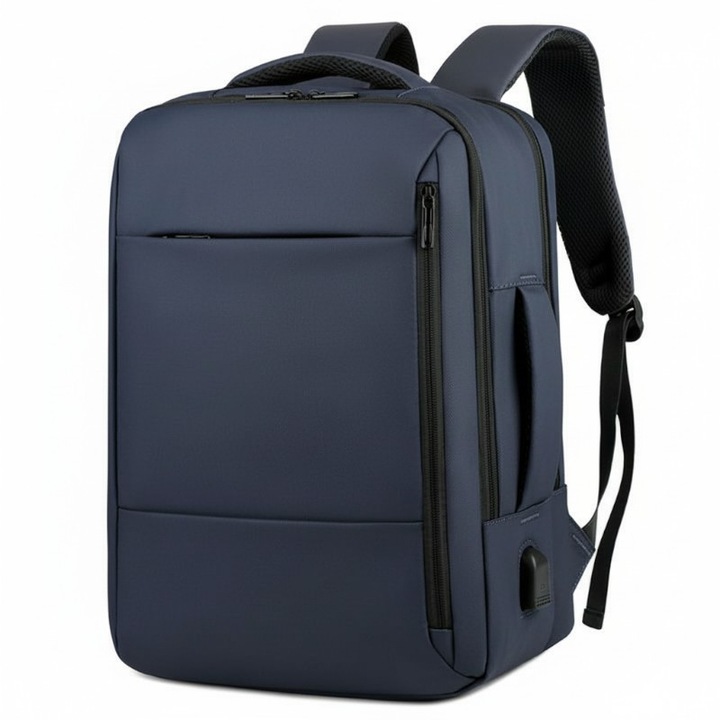 Rucsac pentru laptop/tableta, pana la 16 inch, waterproof, 4 compartimente, port USB, design ergonomic, Albastru
