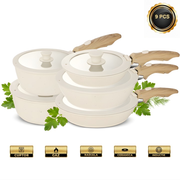 Комплект тенджери и тигани, 9 части, размери 18/20/26 см, незалепващ керамичен материал, термоустойчив, подвижна дръжка, 2 капака, бързо почистване, храната не залепва, за котлон, фурна и газови печки
