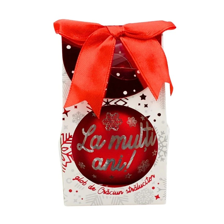 Glob de Crăciun Gift Design, LED, roșu, mesaj "La mulți ani!"
