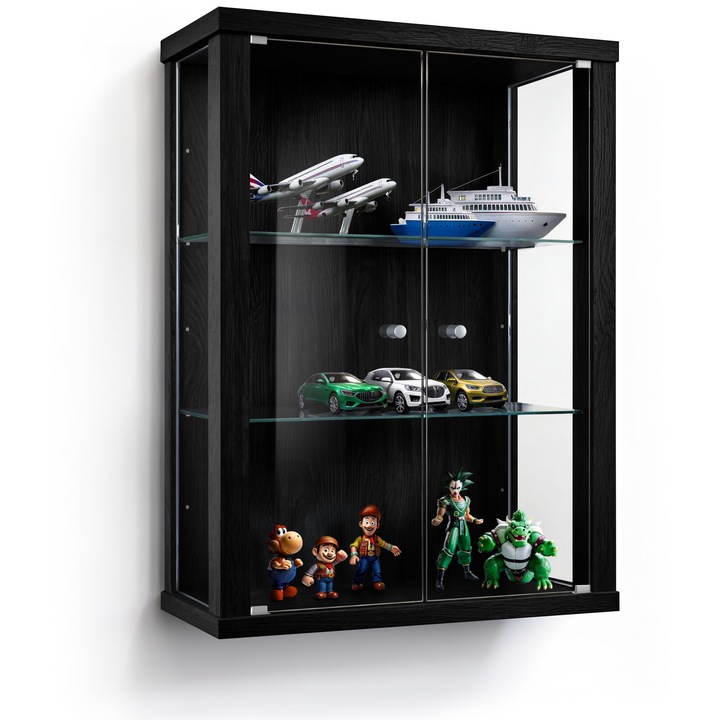 Vitrina K-Mobel cu 2 usi, neagra, 55,8x18,5cm, cu rafturi din sticla ajustabile, iluminare LED