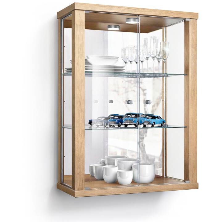 Vitrina K-Mobel cu 2 usi, iluminare LED, fag, 55,8x18,5cm