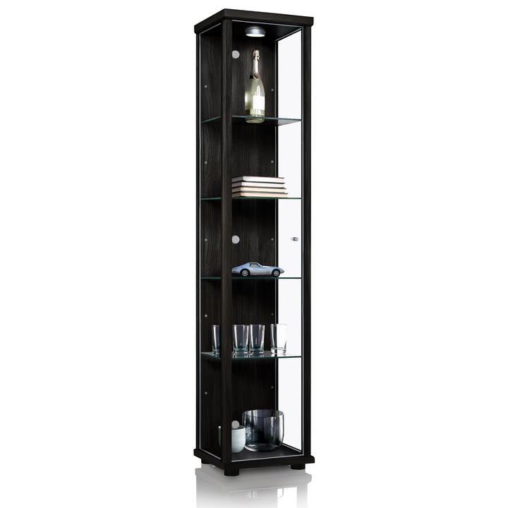 Vitrina stand K-Mobel, 1 usa, 4 rafturi, iluminare LED, negru, 176x37x33cm
