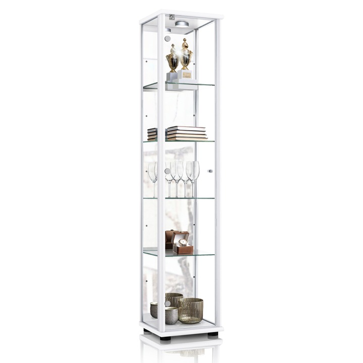 Vitrina K-Mobel, 1 usa, alb, cu iluminare LED, 4 rafturi, 176x37x33cm