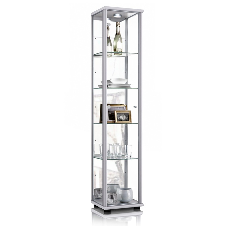 Vitrina K-Mobel cu 1 usa, 4 rafturi, iluminare LED, argintie, 176x37x33cm