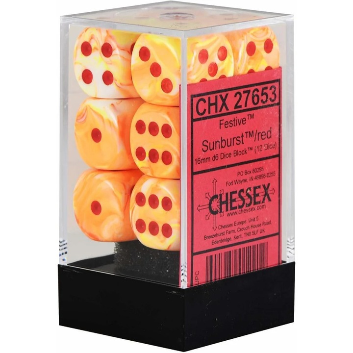 12 darabos Chessex dobókocka szett 16 mm d6 magokkal - Festive - Sunburst/Piros