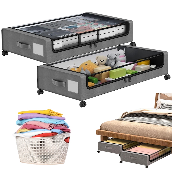 Set de 2 cutii de depozitare sub pat, juksun, gri, 80x43.5x17.8cm, cu roti rotative 360 si capac transparent