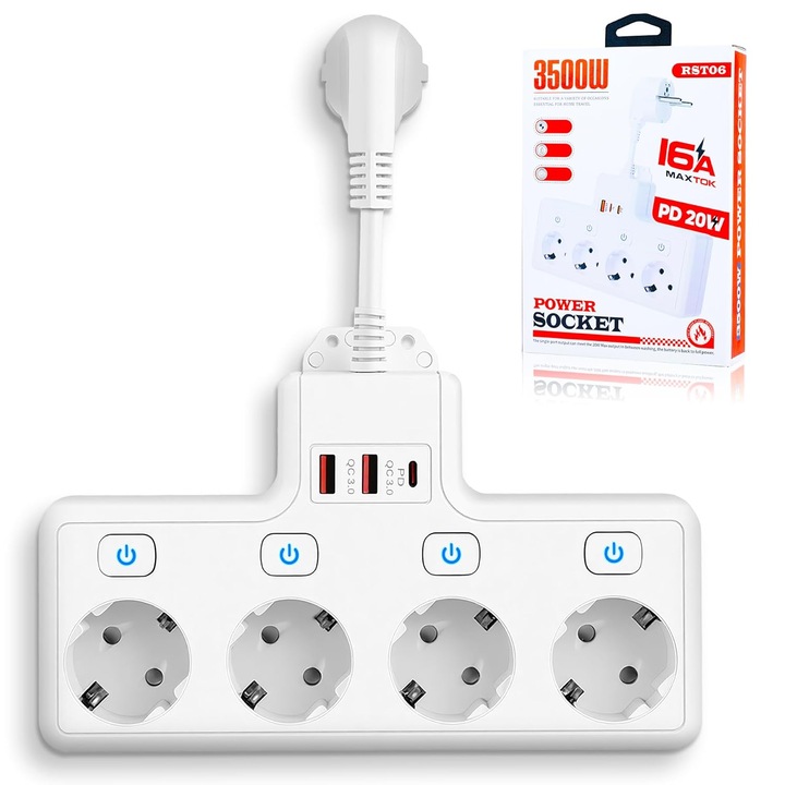 Intelligens elosztó 4 aljzattal, 2 USB és USB-C porttal, 3500W, fehér, 21x8x3.5cm