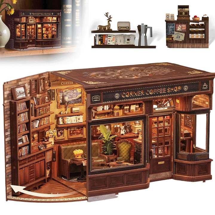 Kit de asamblare model cafenea istoric din Londra, Juksun 294 piese, lemn, cu lumini LED, 17x21x13cm