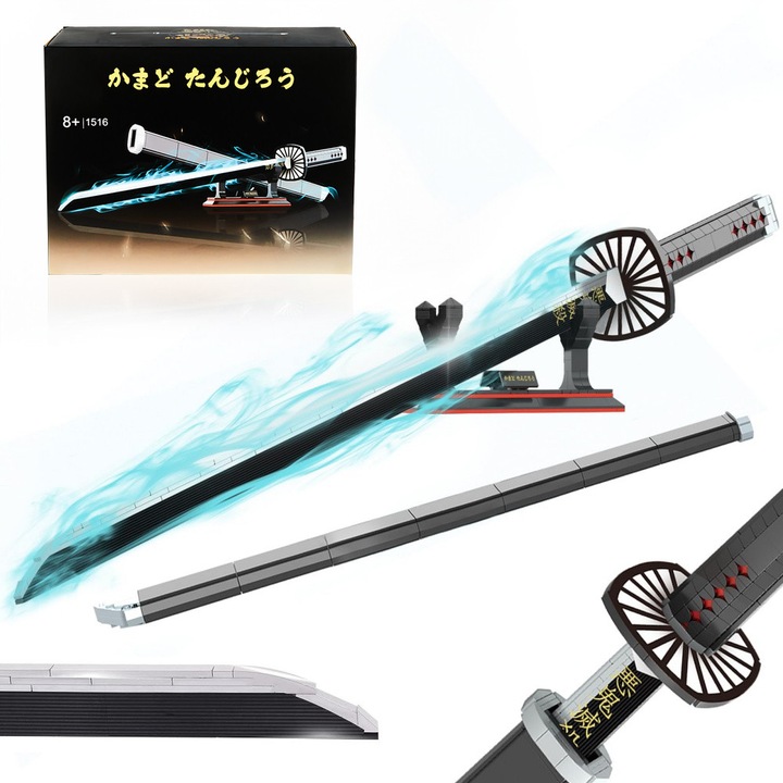 Set de constructie sabie anime, WALALLA, Sabie Demon Anime, Set de Constructie Sabie Tanjirou 100cm cu Teaca si Suport, Blocuri de Constructie Sabie Katana Anime Cosplay, De Colectie pentru Adolescenti si Adulti 14+ (759 Piese)