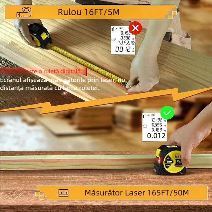 Ruleta Laser 2 in 1 KuviKoo, Ecran LCD Digital, Precizie +/-2mm