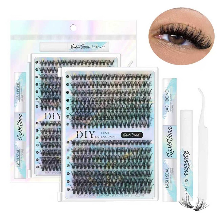 Műszempilla szett 30D/40D, LashVana, hossz 9-16mm, D ívű, víz- és izzadásálló, szempilla felhelyező eszközökkel