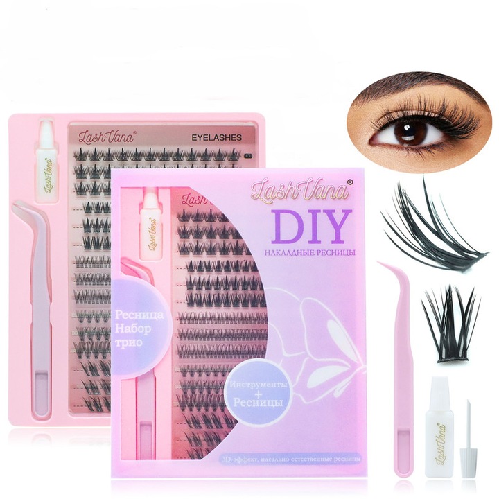 Комплект изкуствени мигли, LashVana, 8-16мм, многоцветни, включва инструменти за грим