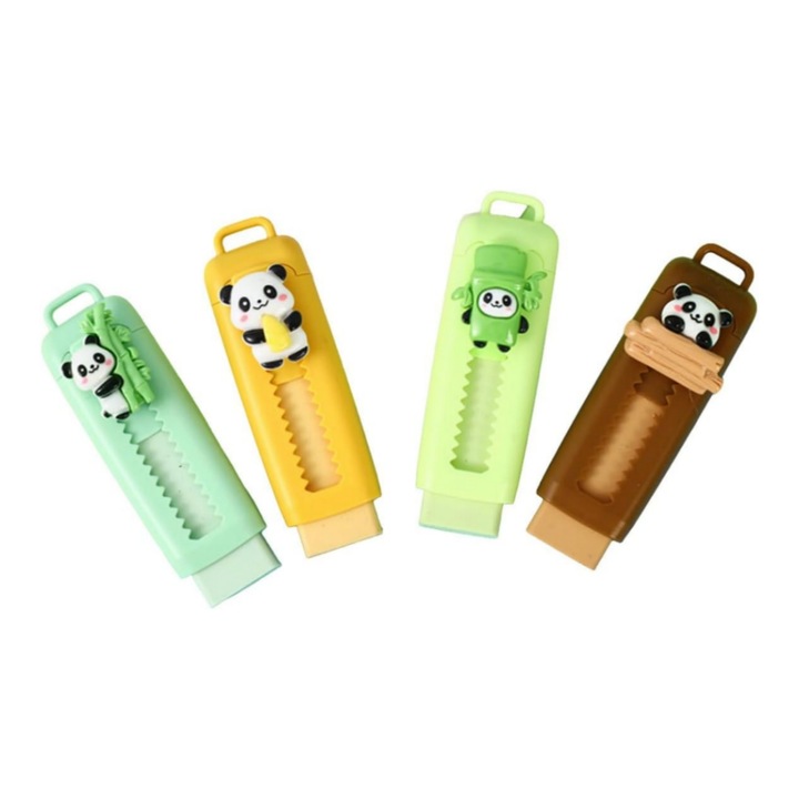 Set 4 radiere retractabile Panda, design cartoon, multicolor, 8.2x2.5x1.7cm