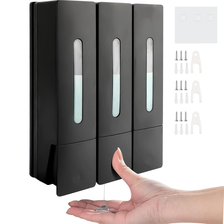 3pcs Dispenser de sapun, Bedee,400 ml, PrinderedePerete, 2 metode de Instalare, design anti-scurgere, ABS, Aderenta puternica si stabilitate, Pentru sampon, sapun lichid, gel dus, Negru