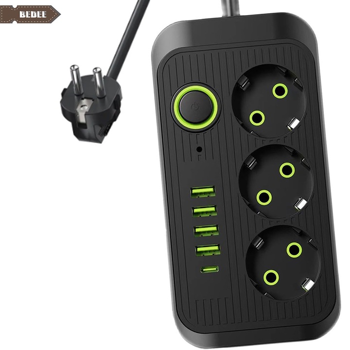 Prelungitor Fast Charge, Bedee, Prelungitor cu 3 prize, 4 porturi USB A, 1 port de tip C, intrerupator de alimentare, design compact, Montabil pe Perete, pentru dormitor, living, bucatarie, Negru